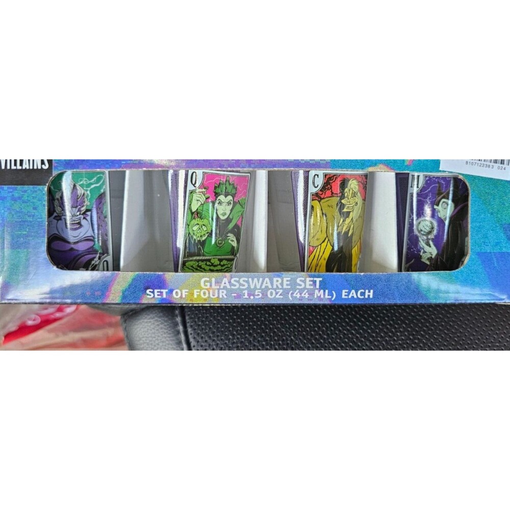 Disney Villains Set of 4 Shot Glasses Cruella Evil Queen Ursula Maleficent 1.5Oz